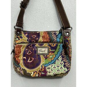 Fossil Coated Canvas Patchwork Floral Paisley crossbody Bag Purse Boho Hippie